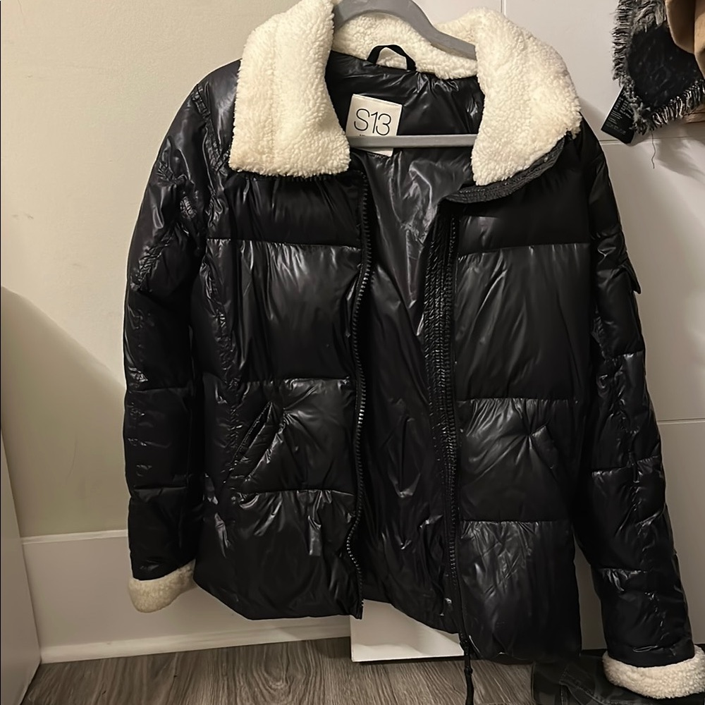 Black and Cream Puffer Jacket with Glossy Finish